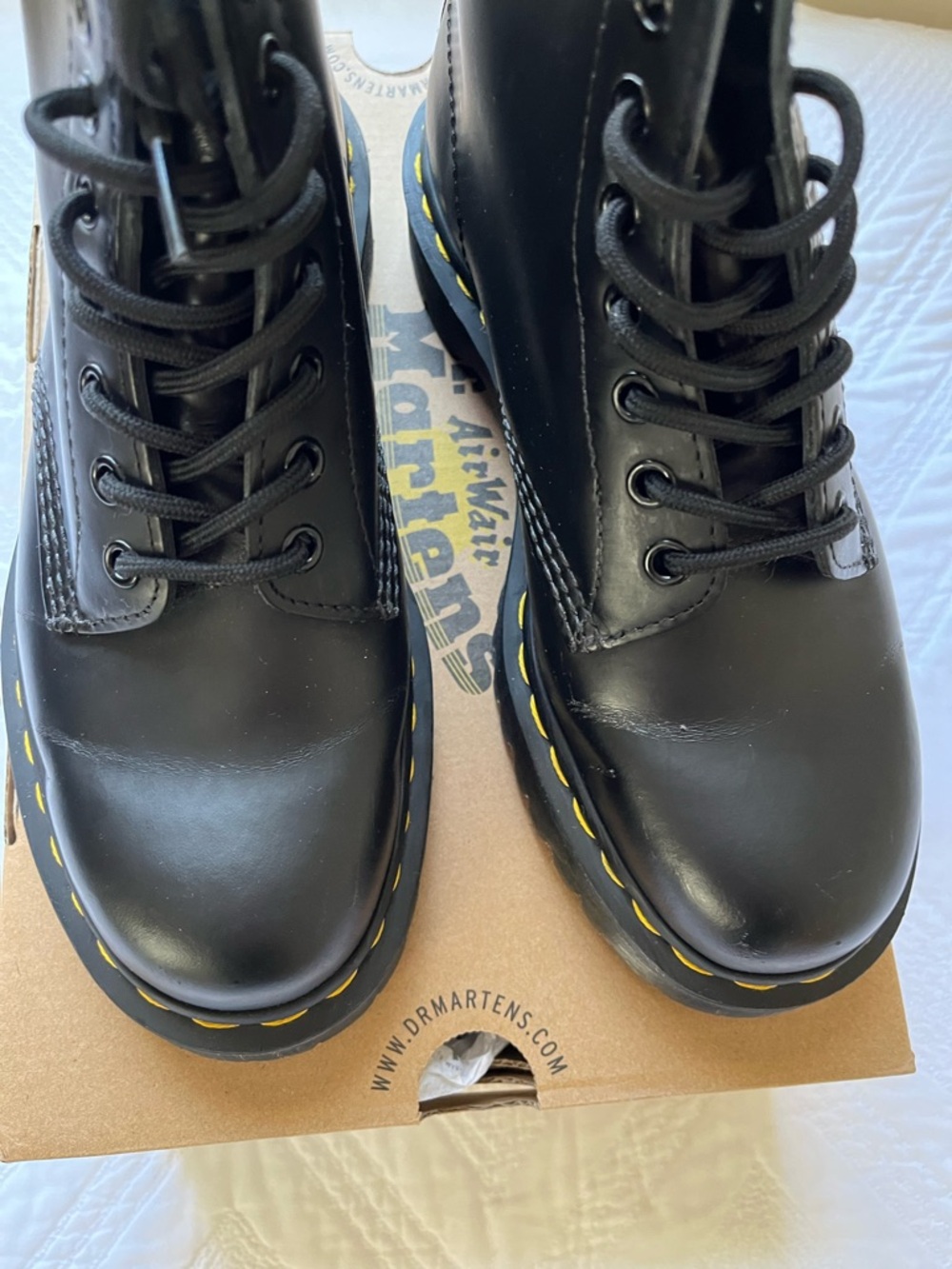 Dr. Martens Black Leather 8-Eye Boots with Yellow Stitching - Picture 5 of 7